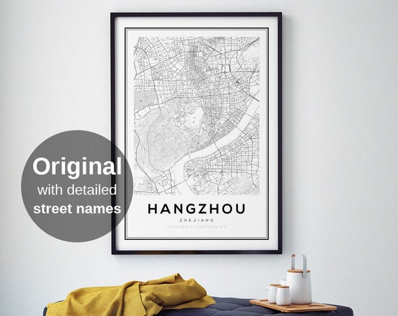 Hangzhou Map Print, Minimalist Asian Travel Poster