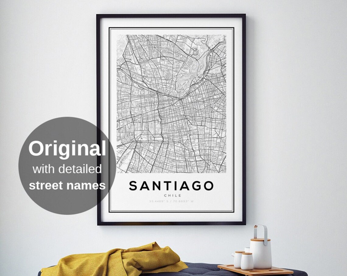 Santiago Chile Map Art Print, Minimalist Travel Decor