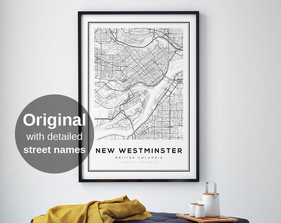 New Westminster Map Print Bc City Wall Art Minimalist Vancouver Suburb Travel Poster Canadian Gift