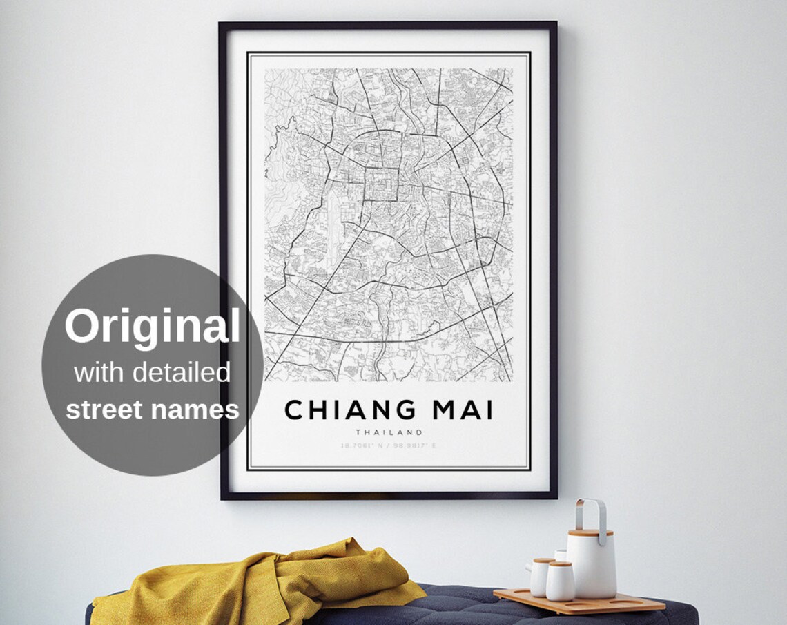 Chiang Mai Map Print, Minimalist Asian Travel Poster