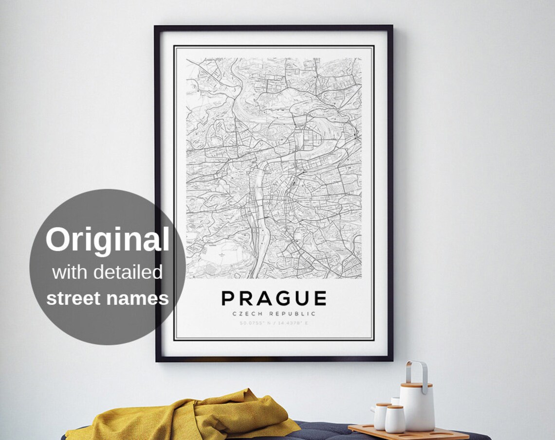 Prague City Map, Black White Minimalist Travel Poster