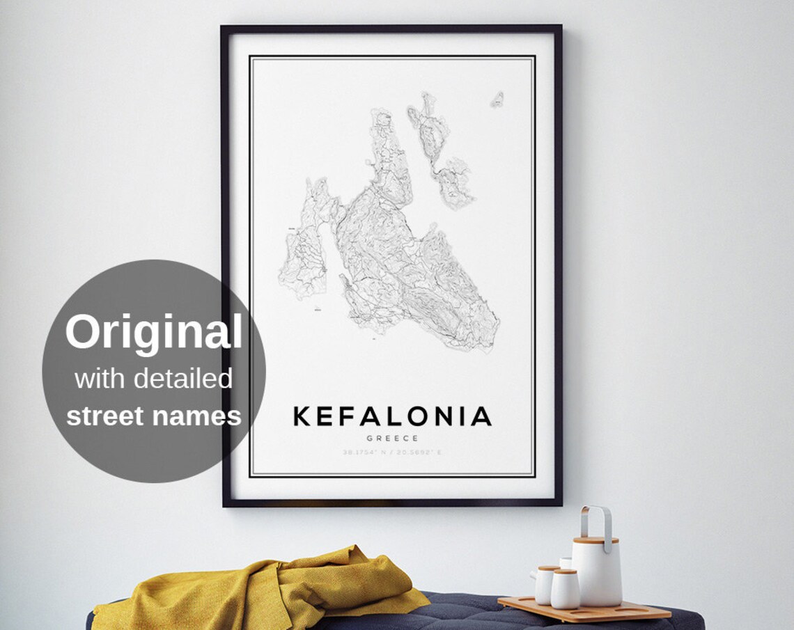 Kefalonia City Map, Black White Minimalist Travel Poster
