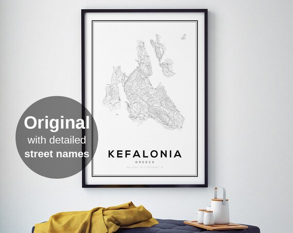 Kefalonia City Map, Black White Minimalist Travel Poster