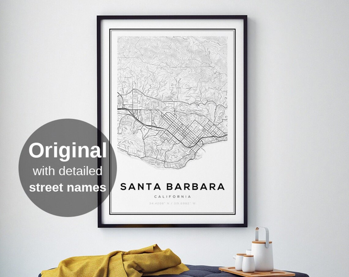 Santa Barbara Map Print, Minimalist Coastal Travel Poster
