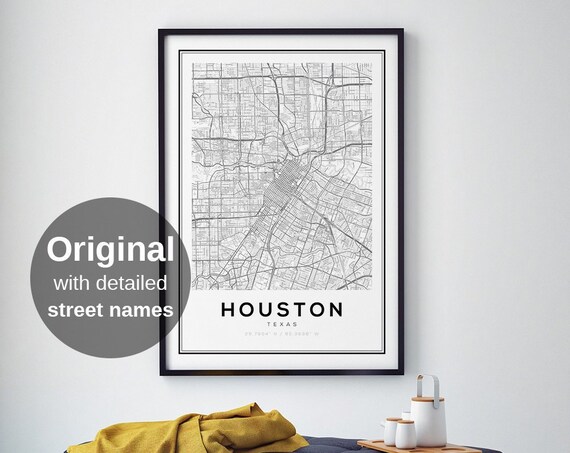 Houston Map Print, Black And White Minimalist Poster