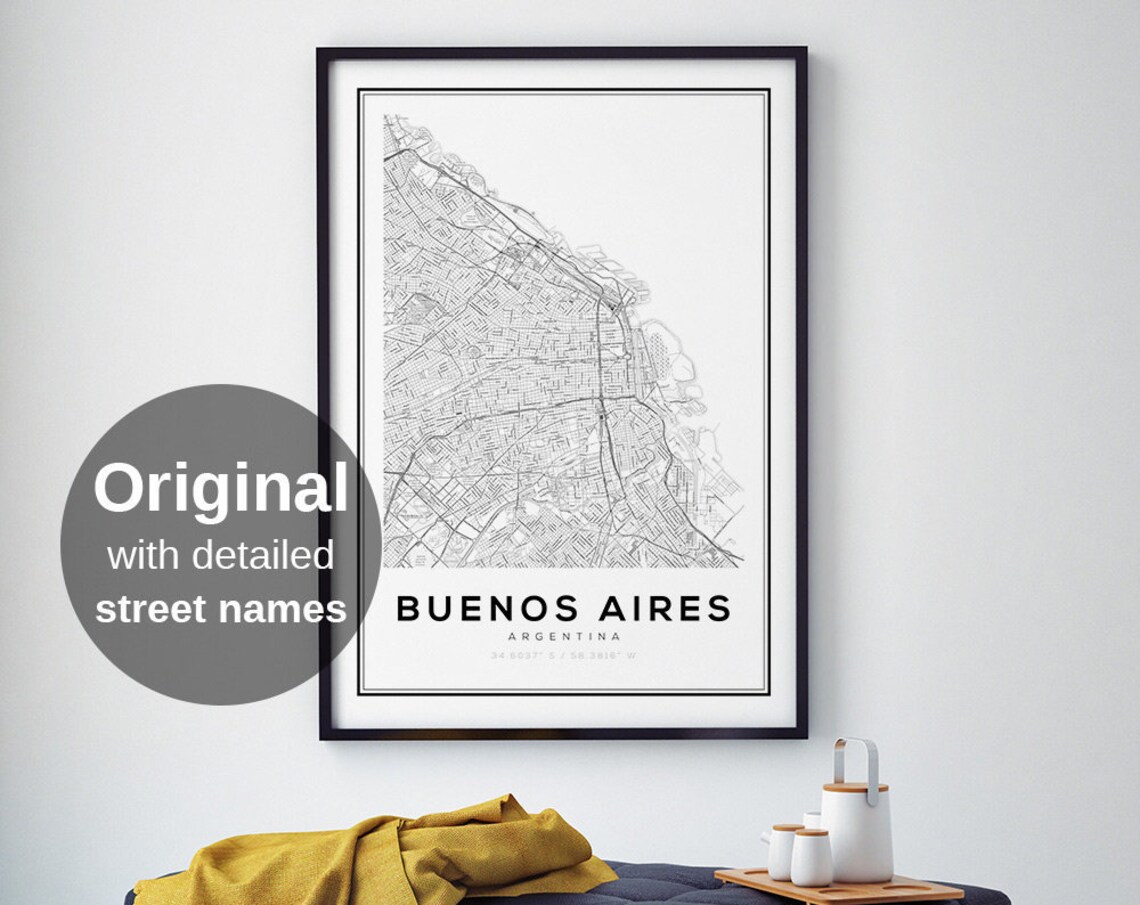 Buenos Aires City Map, Black White Minimalist Travel Poster