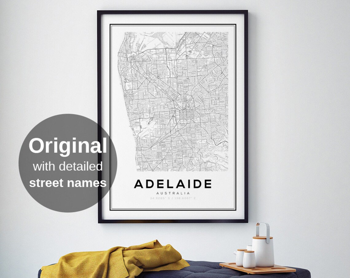 Adelaide City Map Black and White Travel Poster
