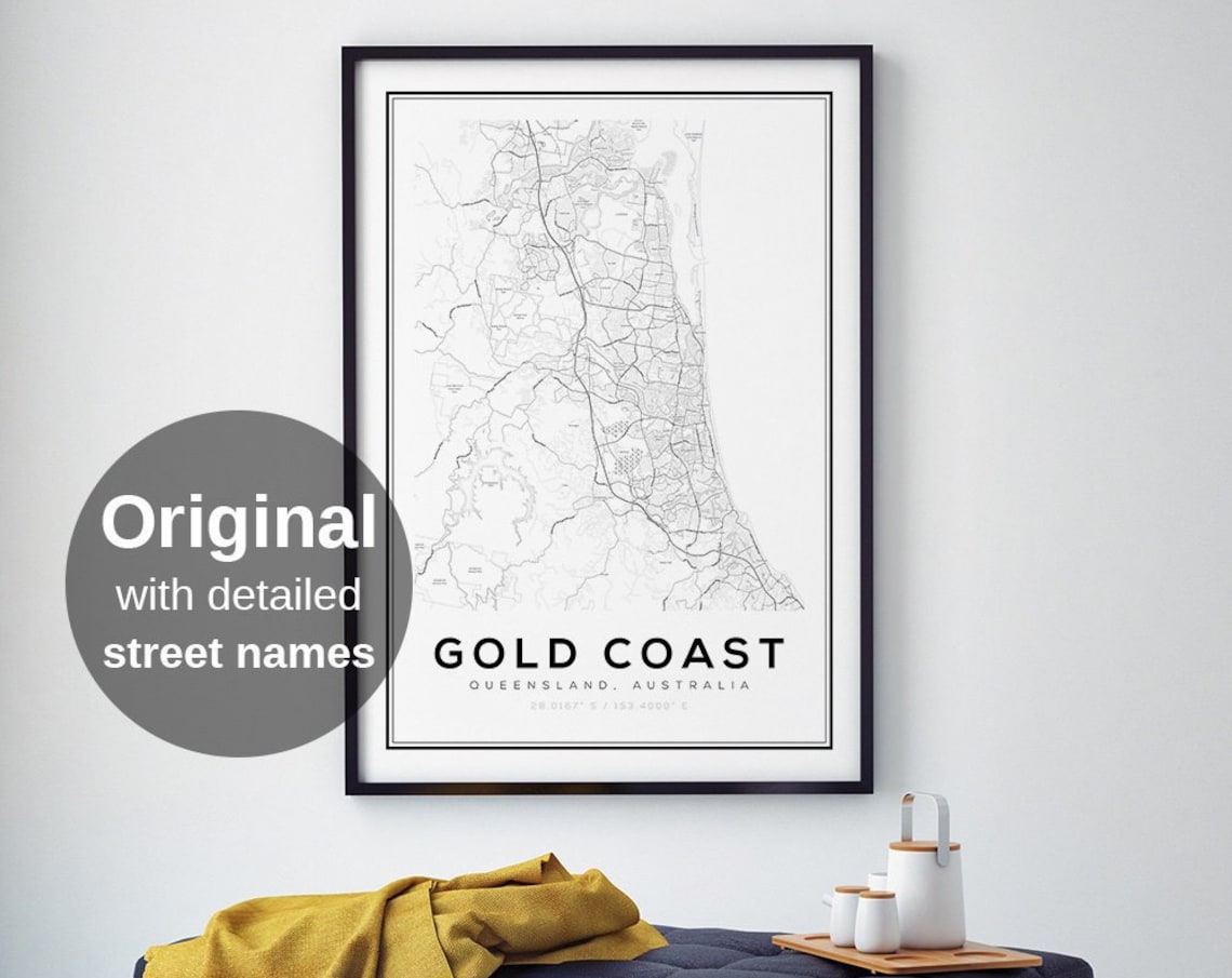 Gold Coast Australia Map Art Print, Minimalist Travel