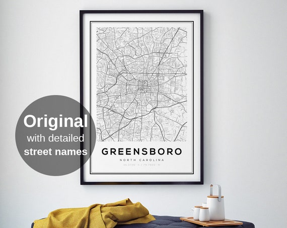 Greensboro Map Print North Carolina Modern Street Wall Art Minimalist Usa Travel Poster Urban Gift