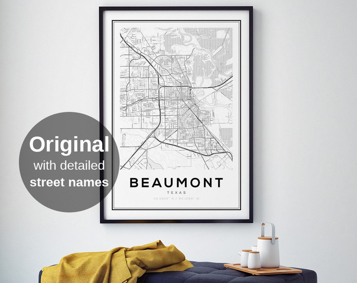 Beaumont Texas Minimalist Black White City Street Map Poster