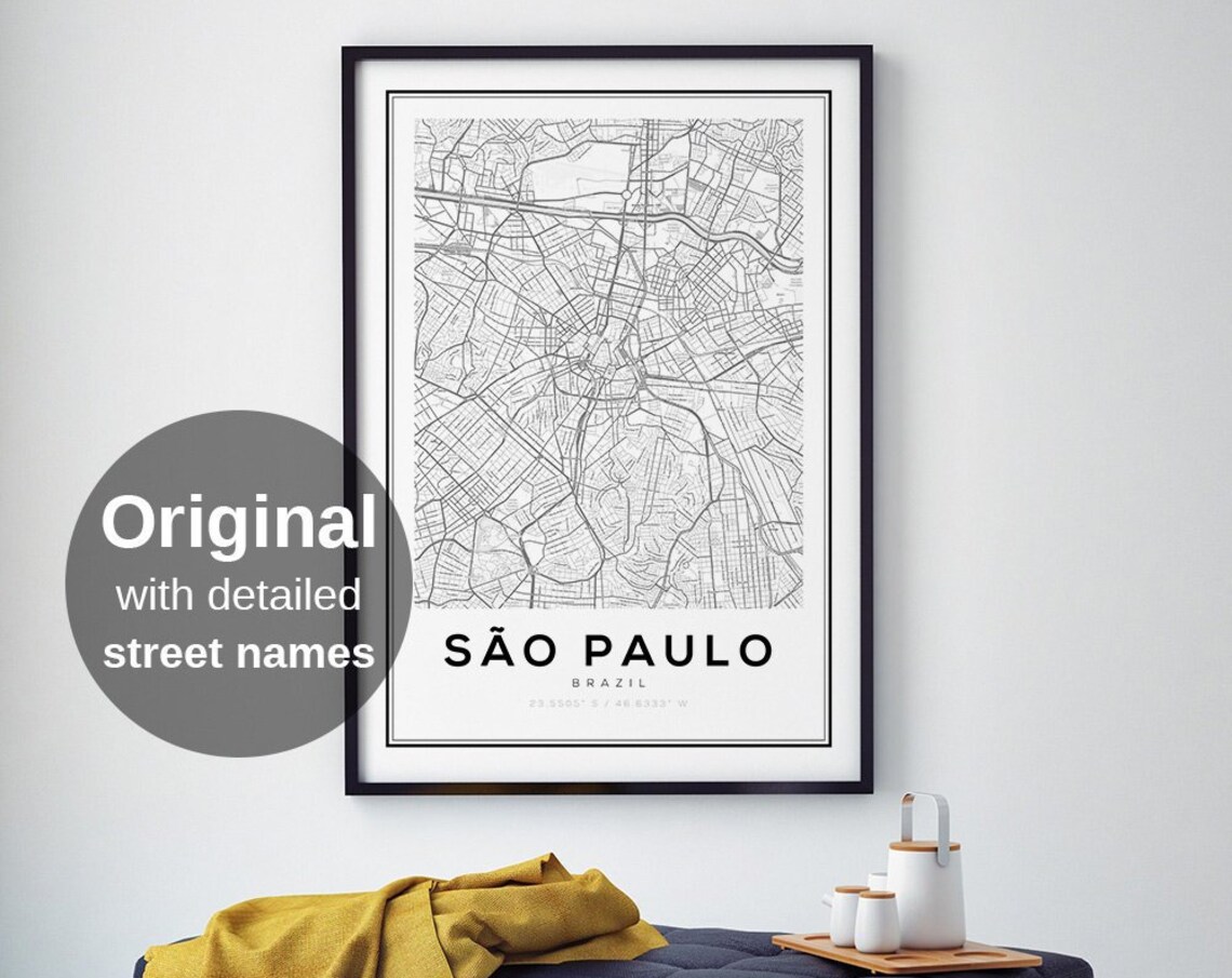 Sao Paulo City Map, Black White Minimalist Travel Poster