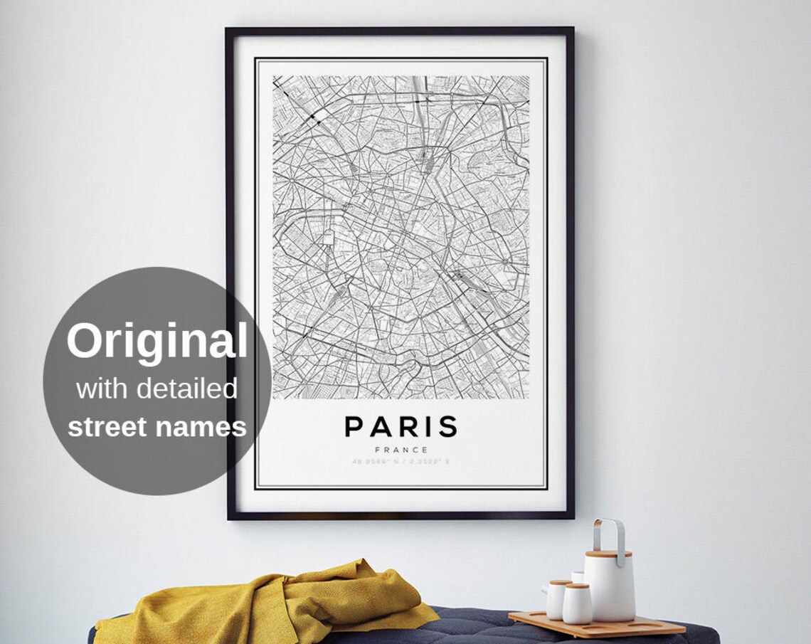 Paris Map Print, Black And White Minimalist Poster
