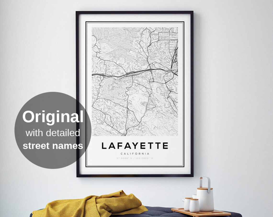 Lafayette California City Street Map Minimalist Bay Area Wall Art