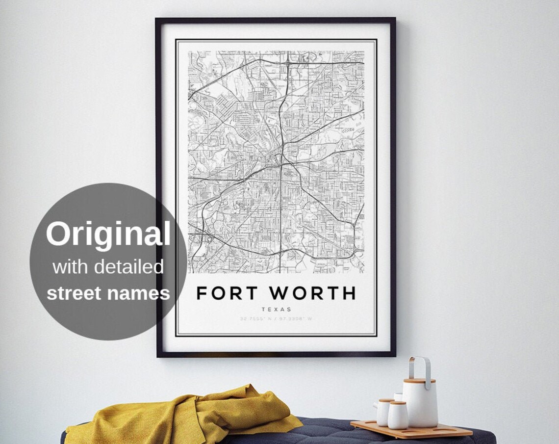 Fort Worth City Map, Black White Minimalist Art Print