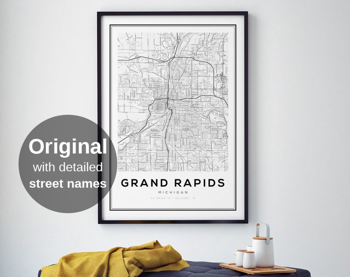 Grand Rapids Michigan Map Art Print, Travel Poster