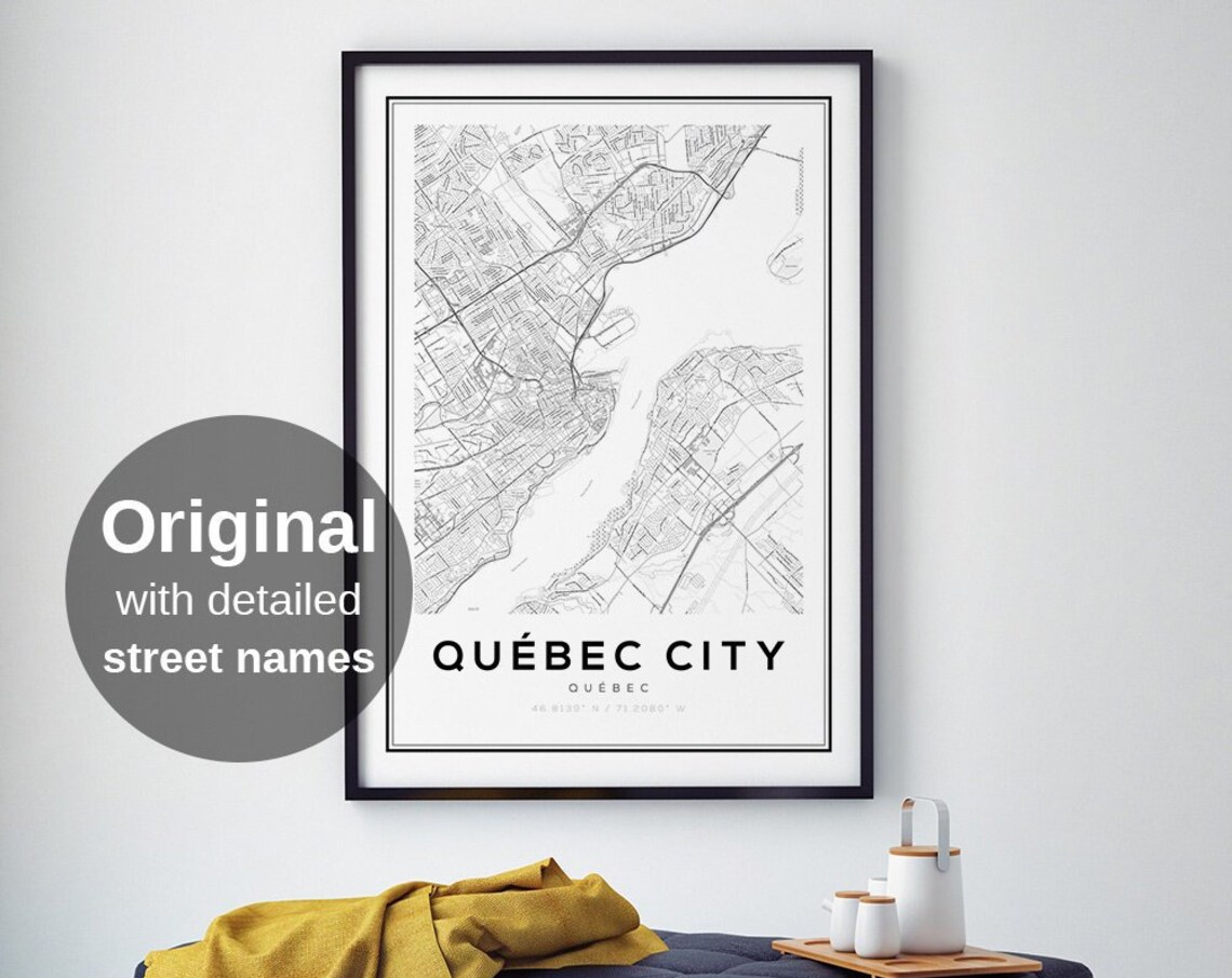 City Map Art Print, Modern Black and White Travel Poster