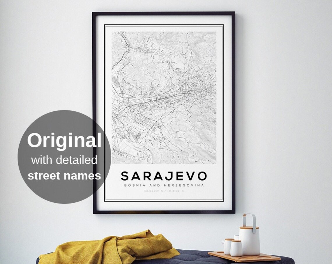 Sarajevo Map Print, Minimalist Balkan Travel Poster