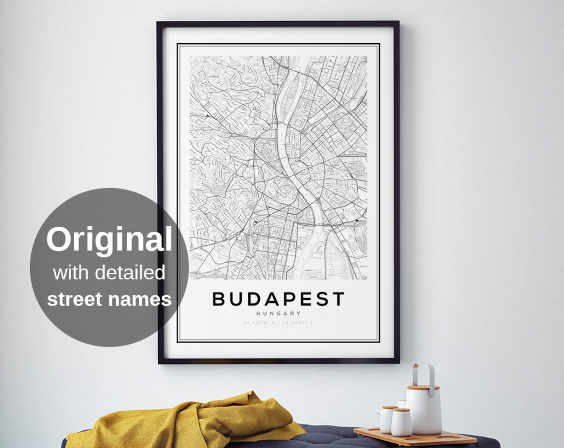 Budapest Map Print, Black And White Minimalist Poster