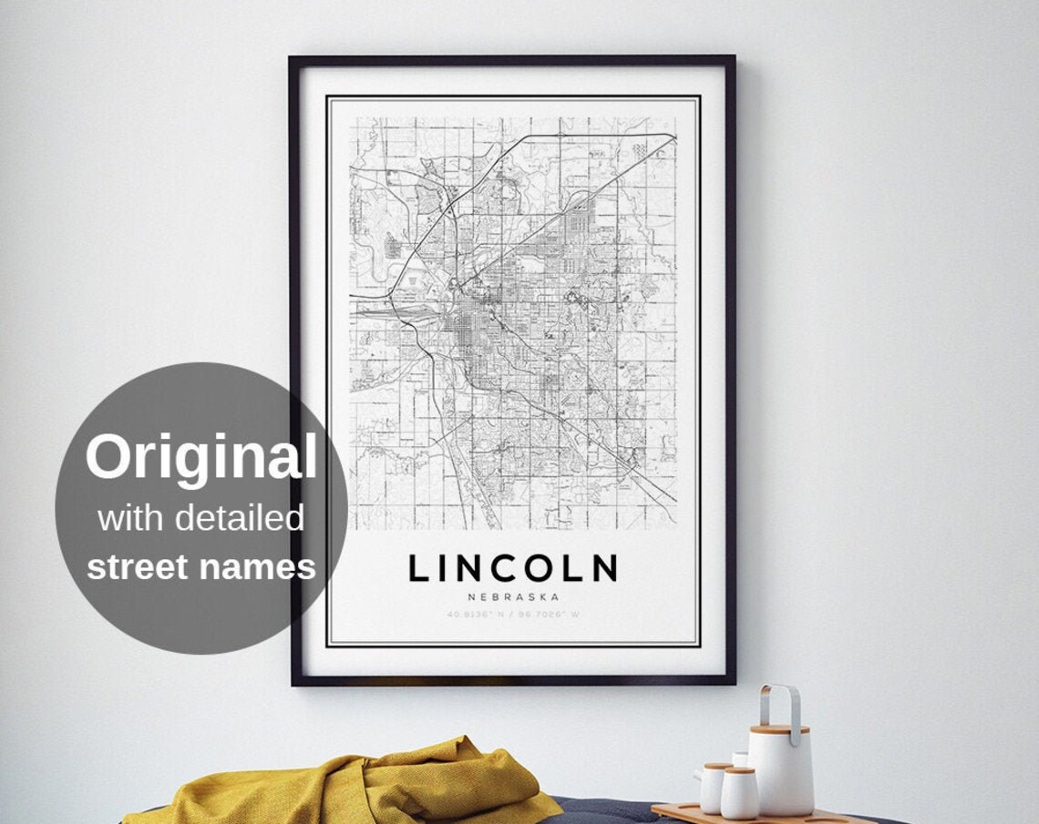 Lincoln Map Print, Nebraska City Minimalist Travel Poster