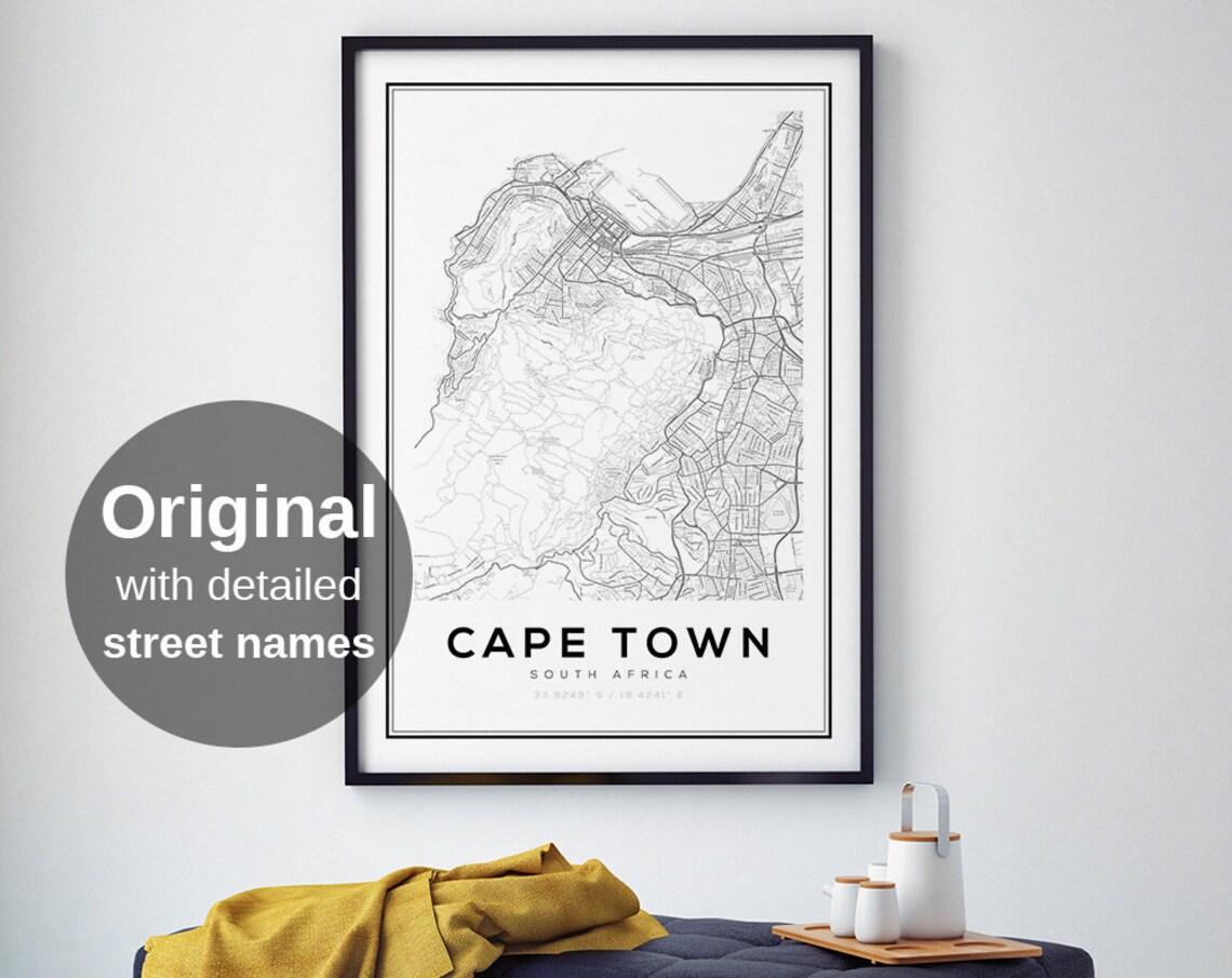 Cape Town City Map Art Print, Black White Minimalist