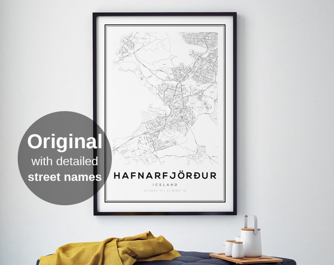 Hafnarfjordur Iceland Minimalist City Map Street Names Poster