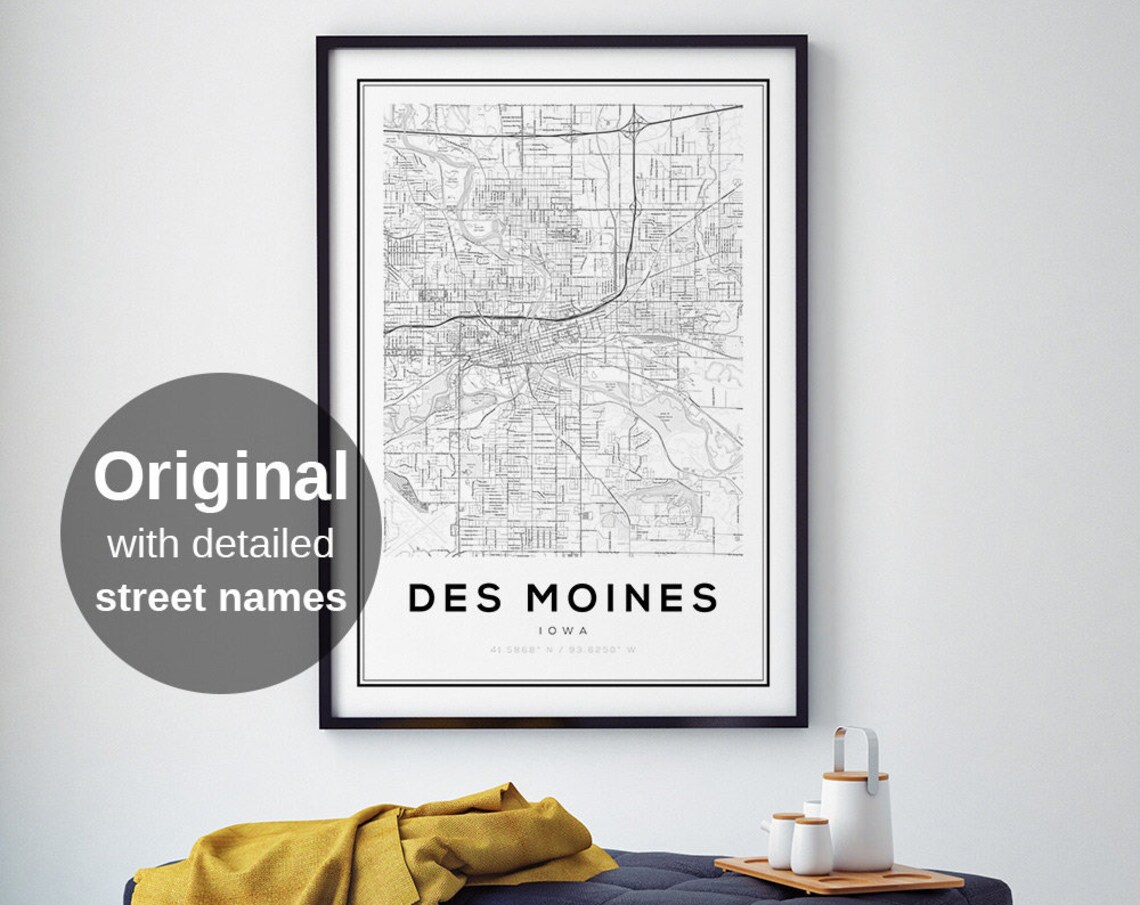 Des Moines Iowa Map Art Print, Minimalist Travel Poster