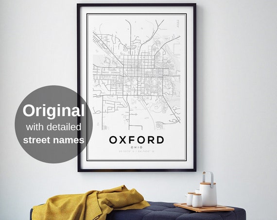 Oxford Map Print Ohio City Wall Art Minimalist Usa College Town Travel Poster Student Gift