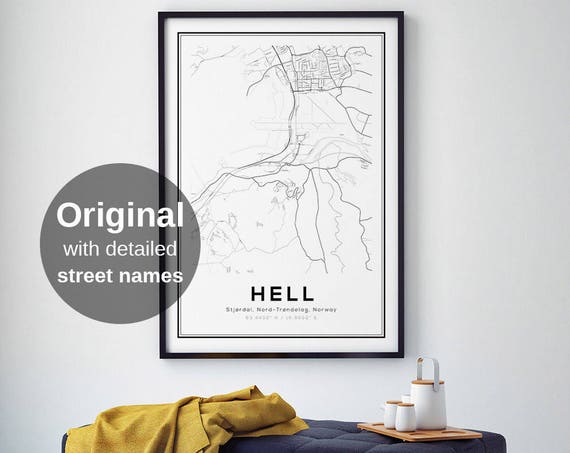 Hell Norway Map Print Minimalist Black And White Wall Art