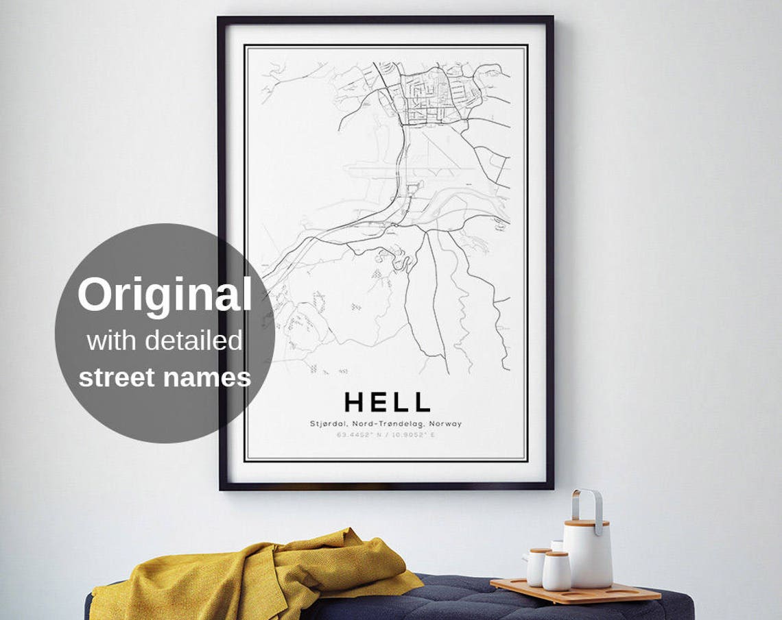 Hell Norway Map Print Minimalist Black And White Wall Art