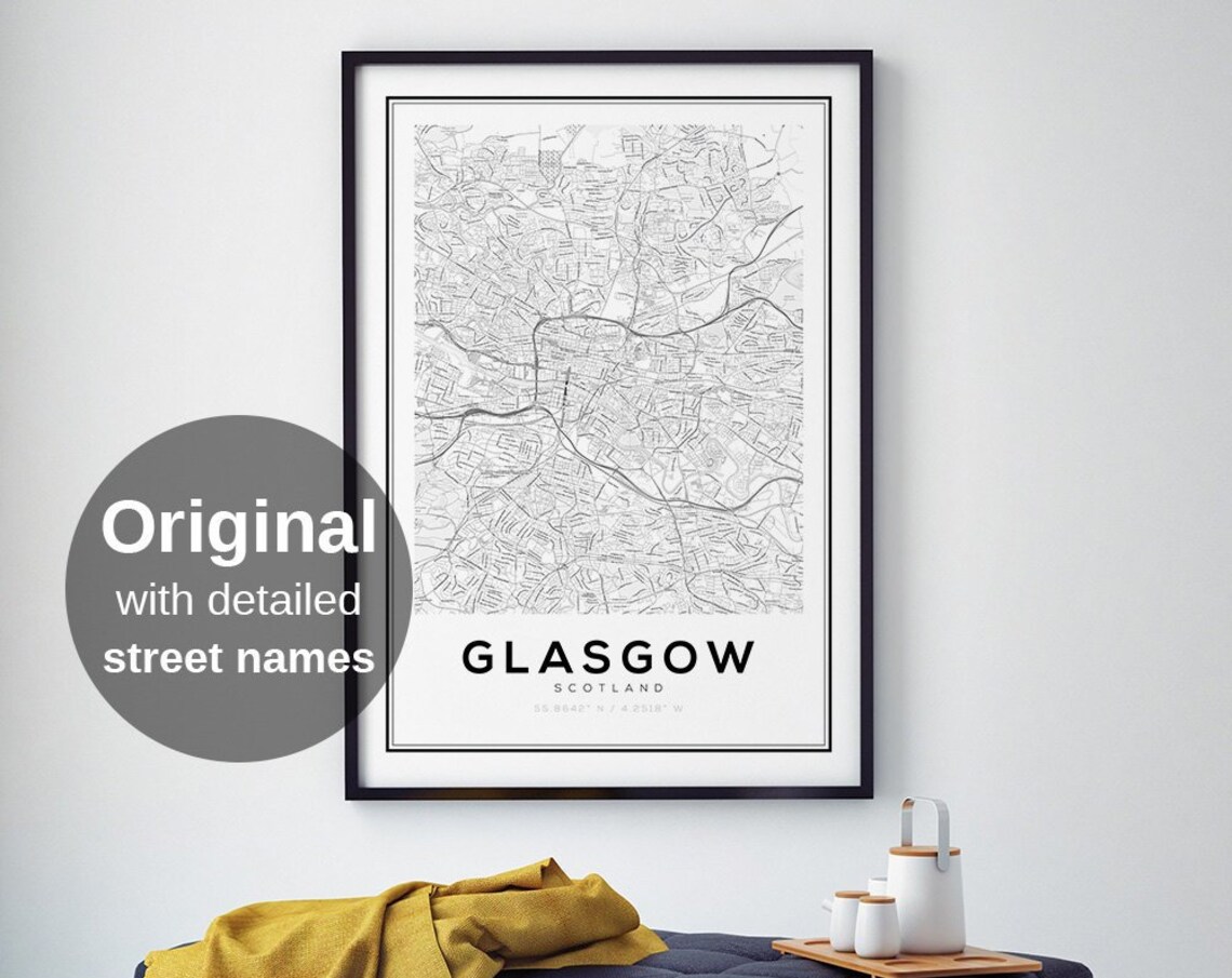 Glasgow Scotland Map Art Print, Minimalist Travel Decor