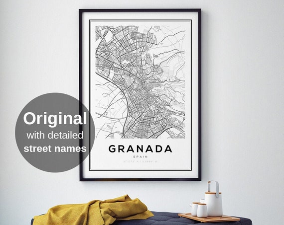 Granada City Map Print Spain Detailed Street Wall Art Poster Minimalist Europe Travel Home Decor Black White