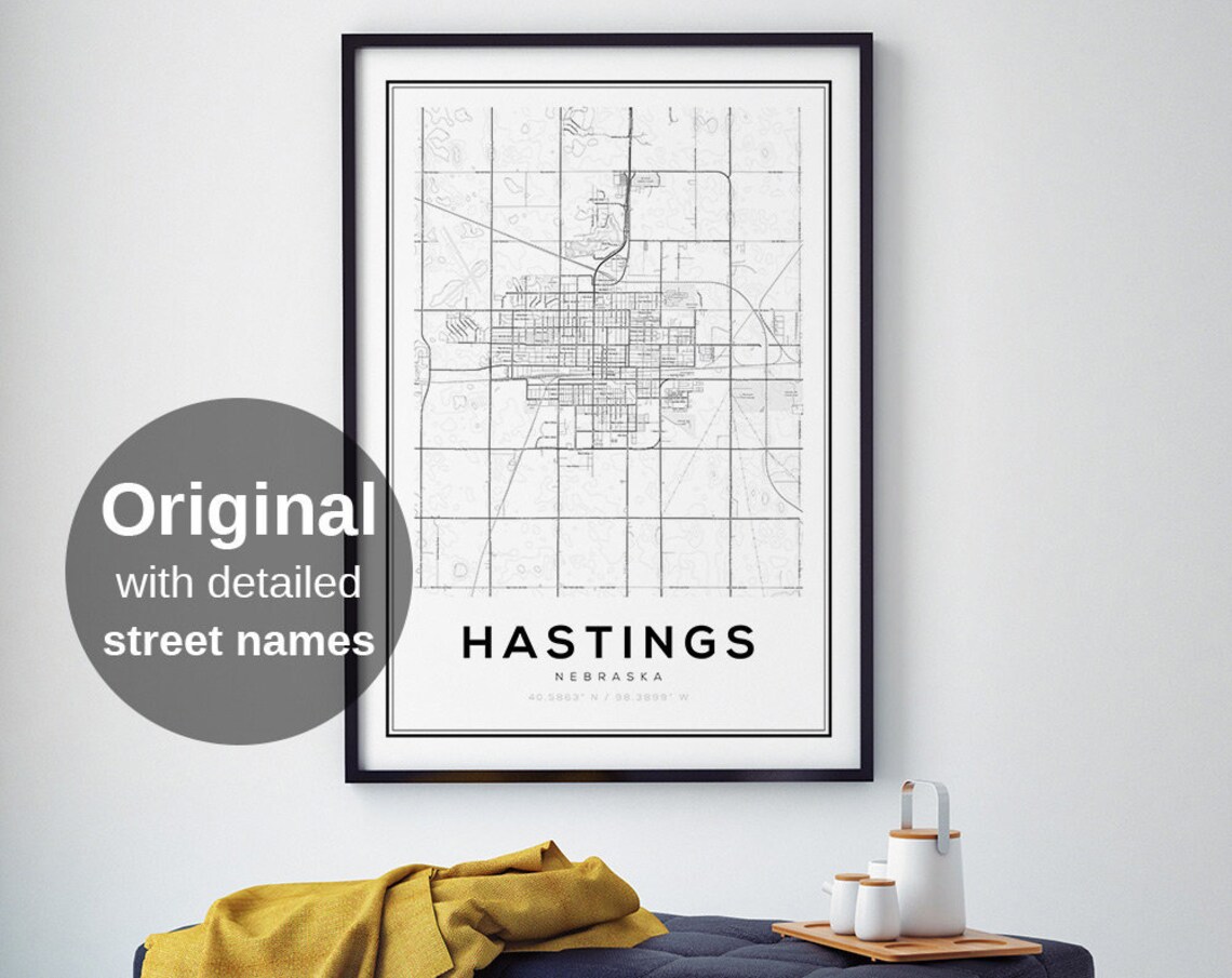 Hastings Map Print, Minimalist Nebraska Travel Poster