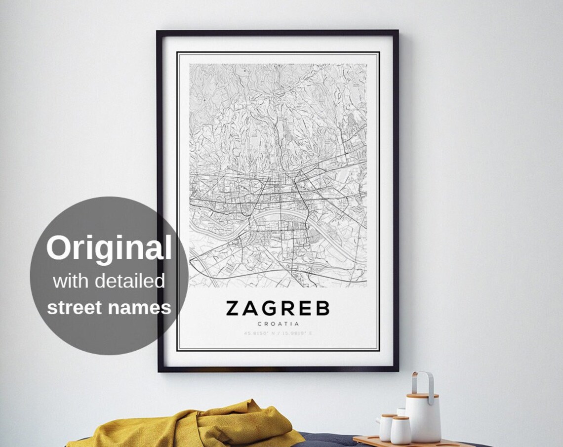 Zagreb Croatia Map Poster, Minimalist Travel Art