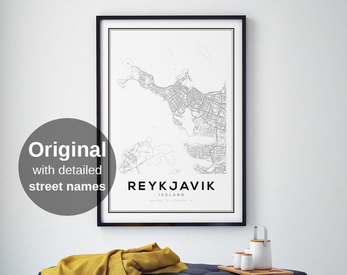 Reykjavik City Map Print, Minimalist Iceland Travel
