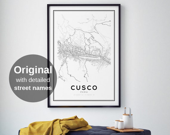Cusco Peru Map Print City Street Wall Art Poster Minimalist South America Travel Home Decor Black White