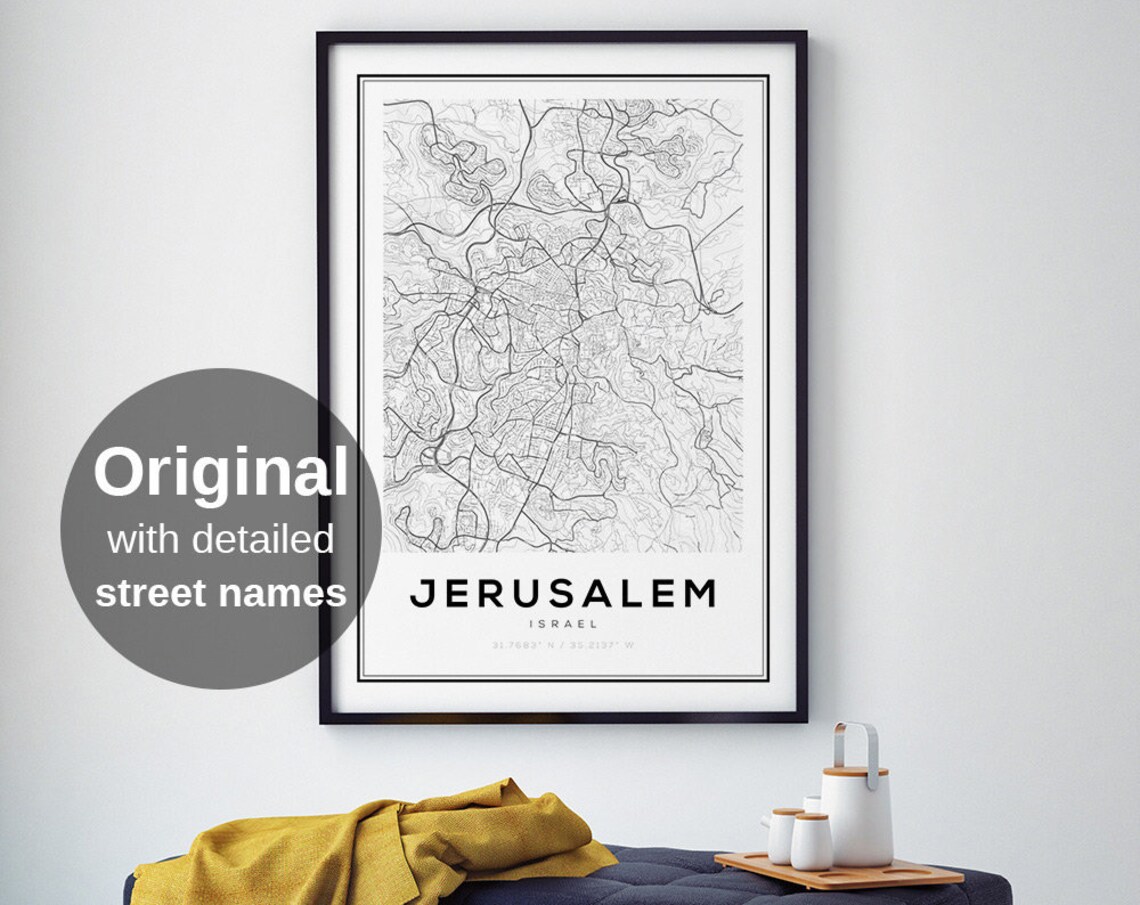 Jerusalem Map Art Print, Minimalist Travel Decor
