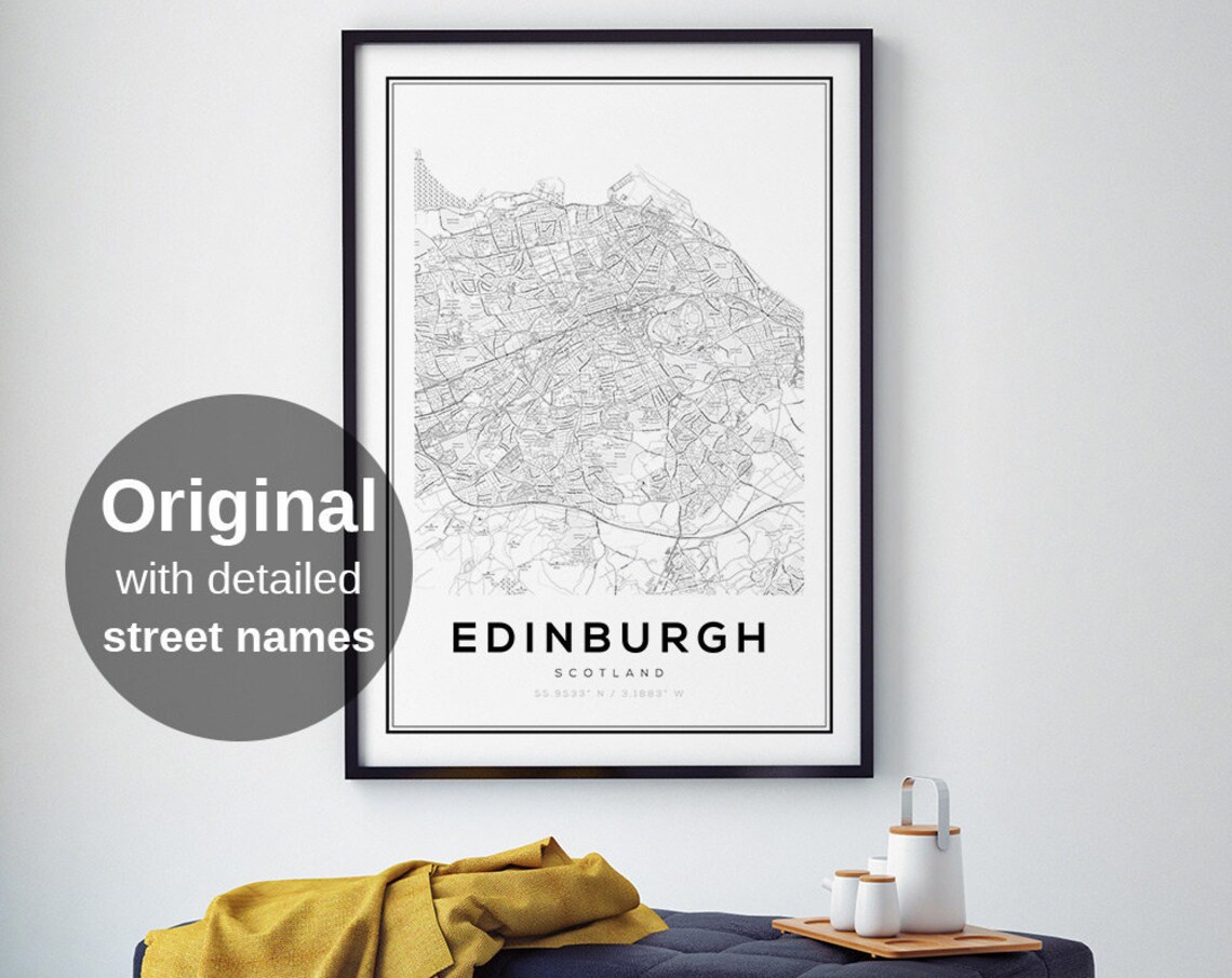 Edinburgh Map Black And White Wall Art Print