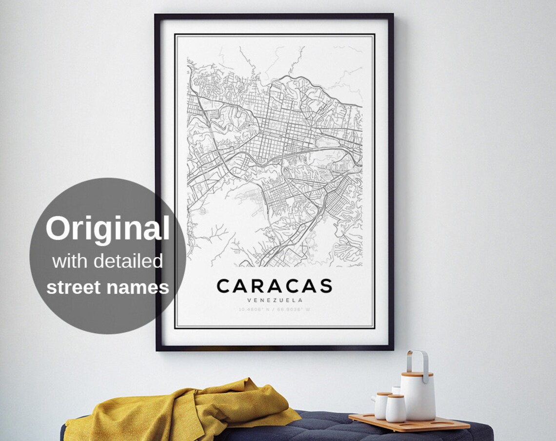 Caracas City Map Black White Minimalist Travel Poster