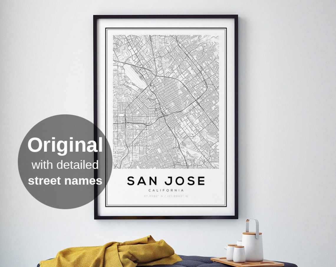 San Jose City Map, Detailed Streets Art Print