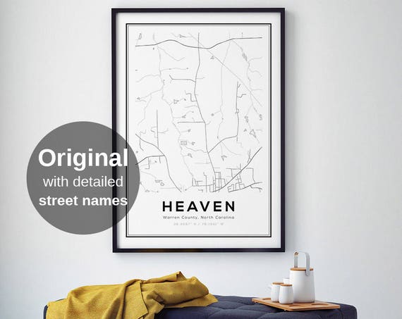 Heaven North Carolina Map Print Unique City Street Wall Art Poster Minimalist Usa Travel Black White Decor