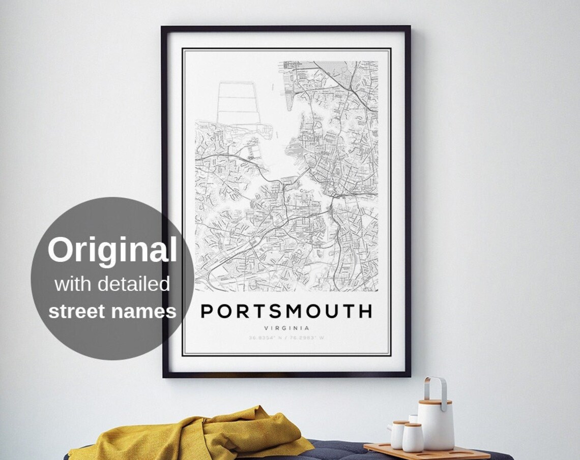 Portsmouth Virginia City Street Map Minimalist Line Art Poster