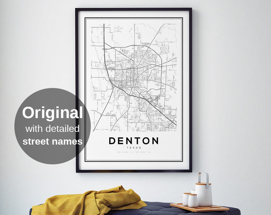 Denton Texas City Street Map Minimalist Line Drawing Art Poster