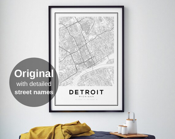 Detroit Map Print, Black And White Minimalist Poster