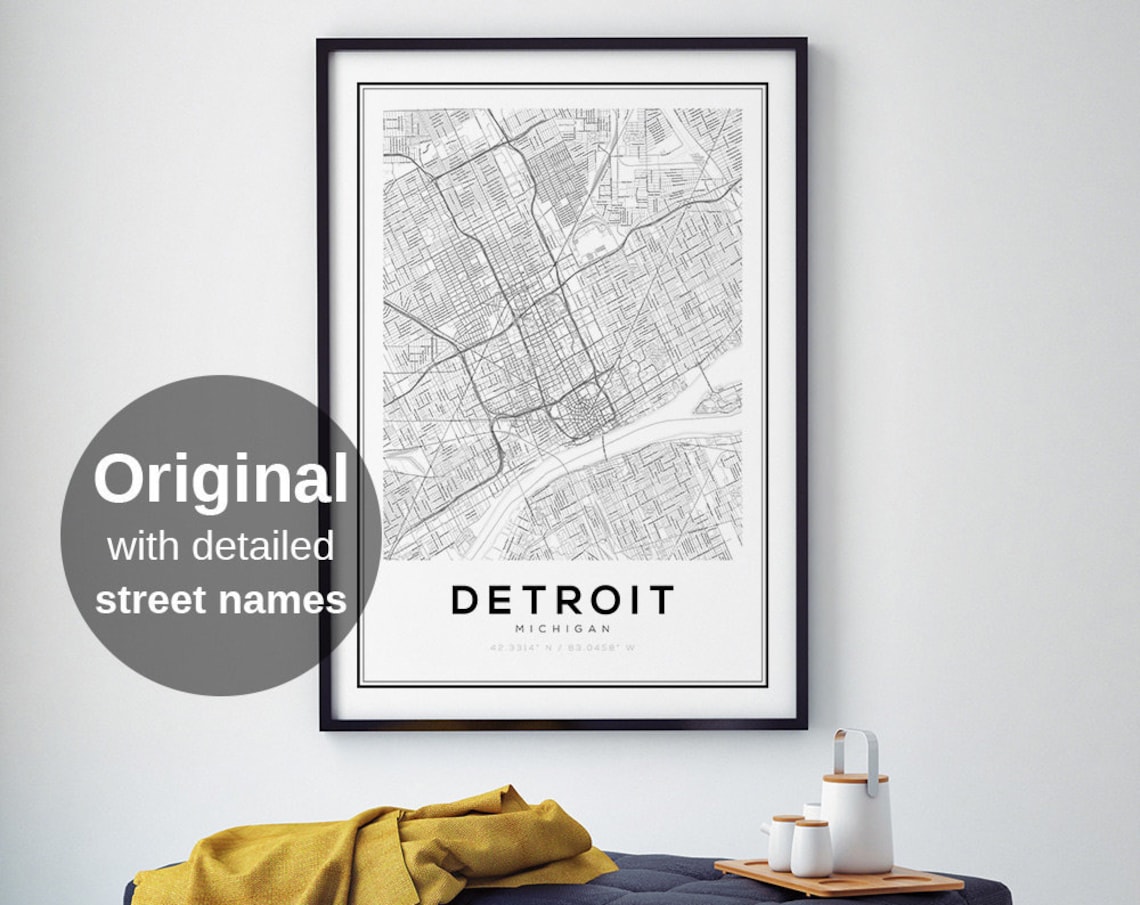Detroit Map Print, Black And White Minimalist Poster