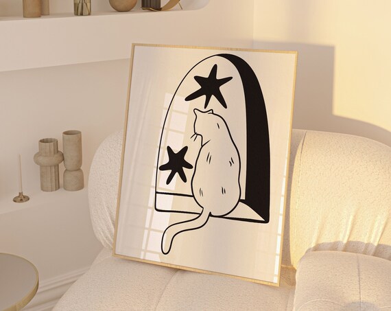 Black Cat Window Arch Stars Minimalist Cute Cat Lover Wall Art