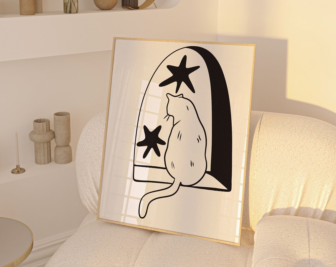 Black Cat Window Arch Stars Minimalist Cute Cat Lover Wall Art