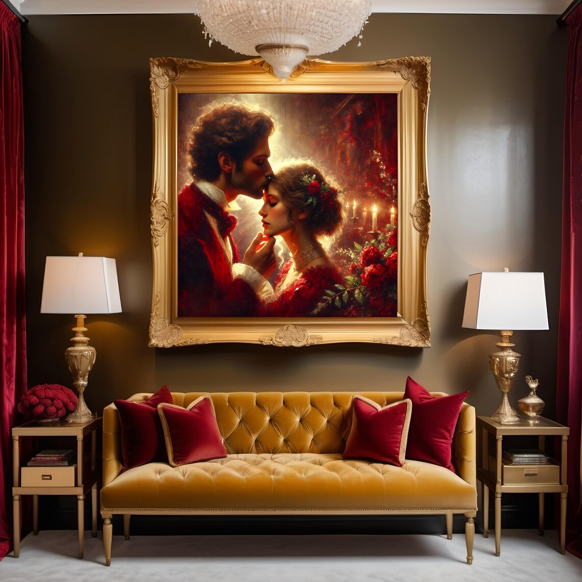 Romantic Couple Candlelit Kiss Roses Passionate Love Scene Print - Image 2