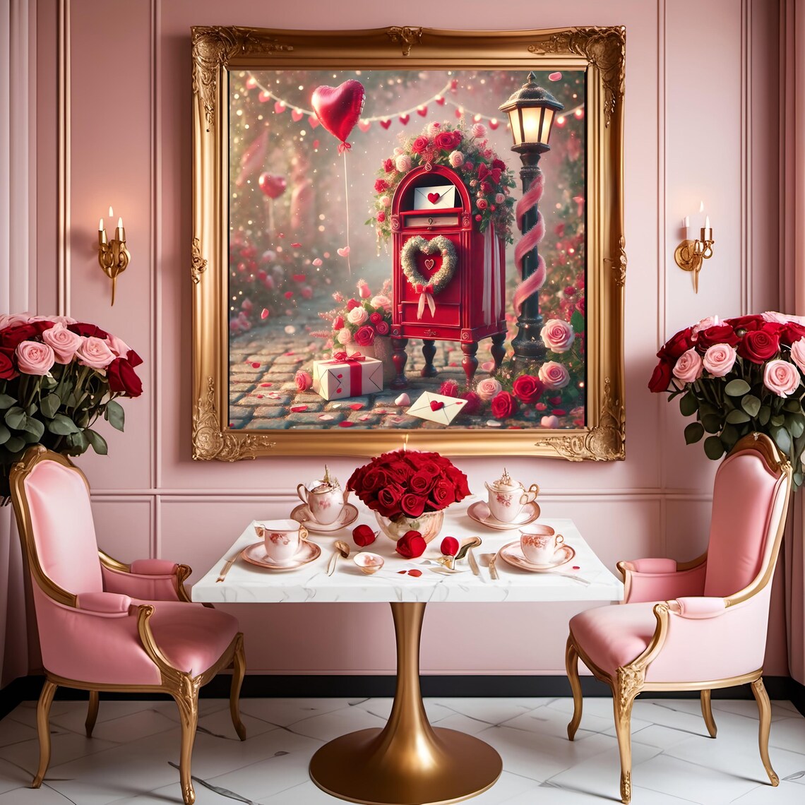 Whimsical Red Valentine Mailbox with Roses and Love Letters Print - Image 2