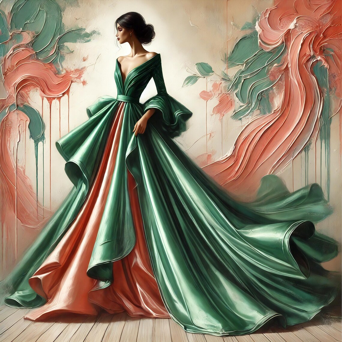 Emerald Green Satin Gown High Fashion Painterly Elegant Poster