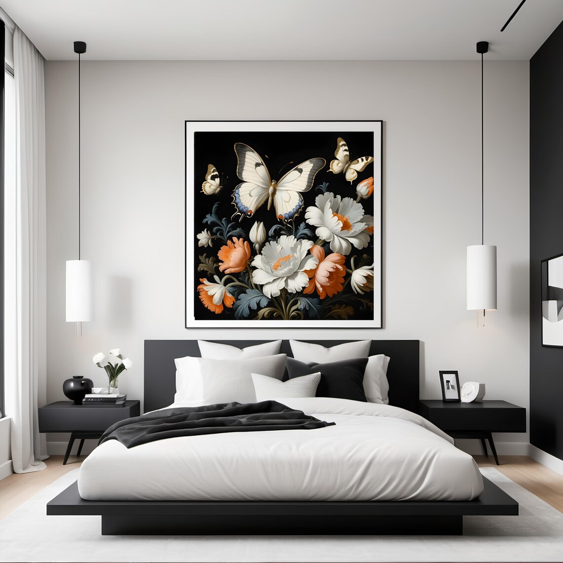 Butterfly and Floral Vintage Art Print, Black Rococo - Image 2